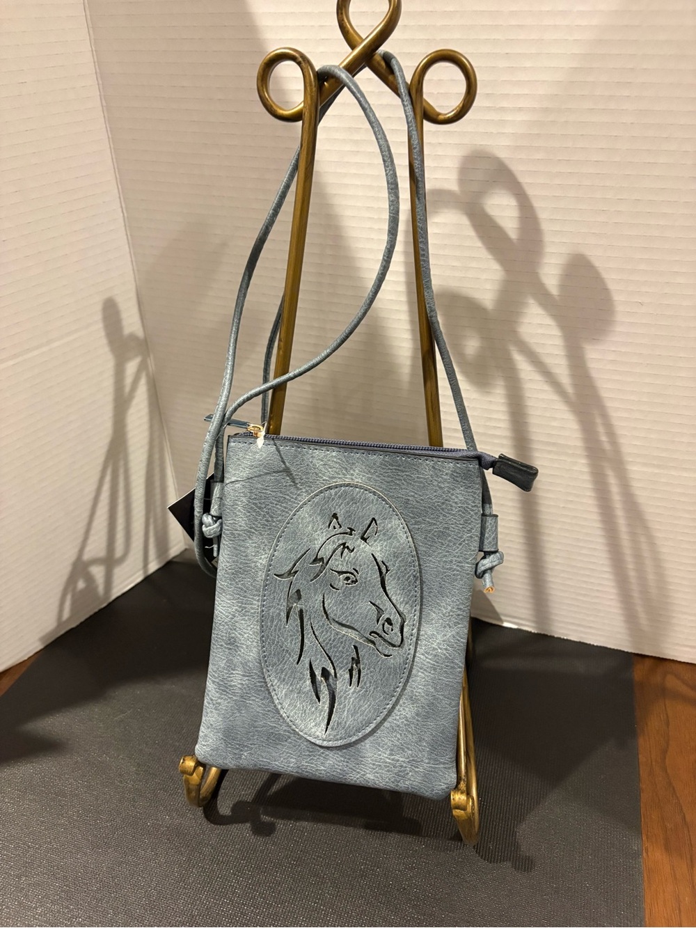 Blue Faux Leather Horse Embossed Crossbody Bag